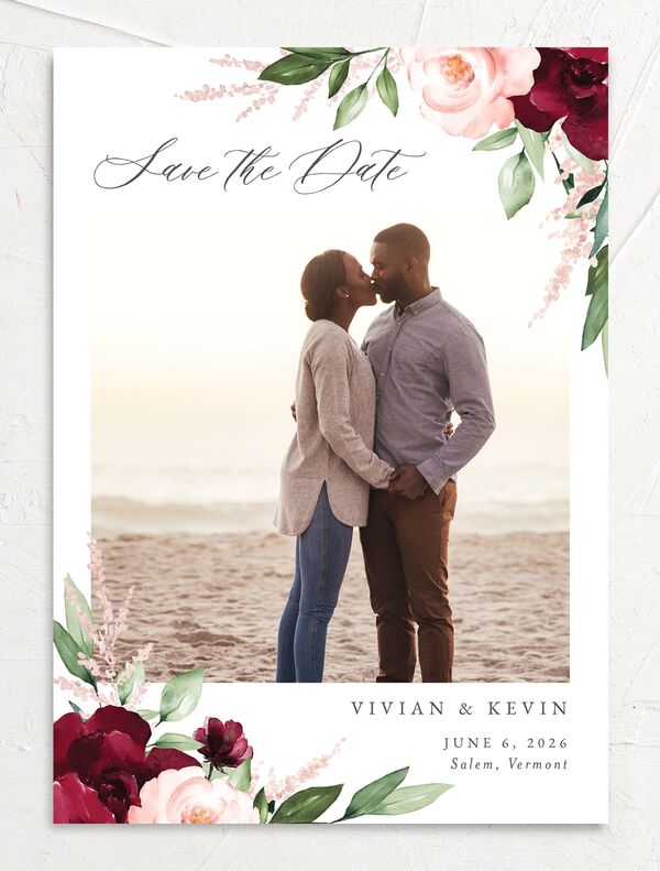 Painted Florals Save The Date Cards front in Ruby