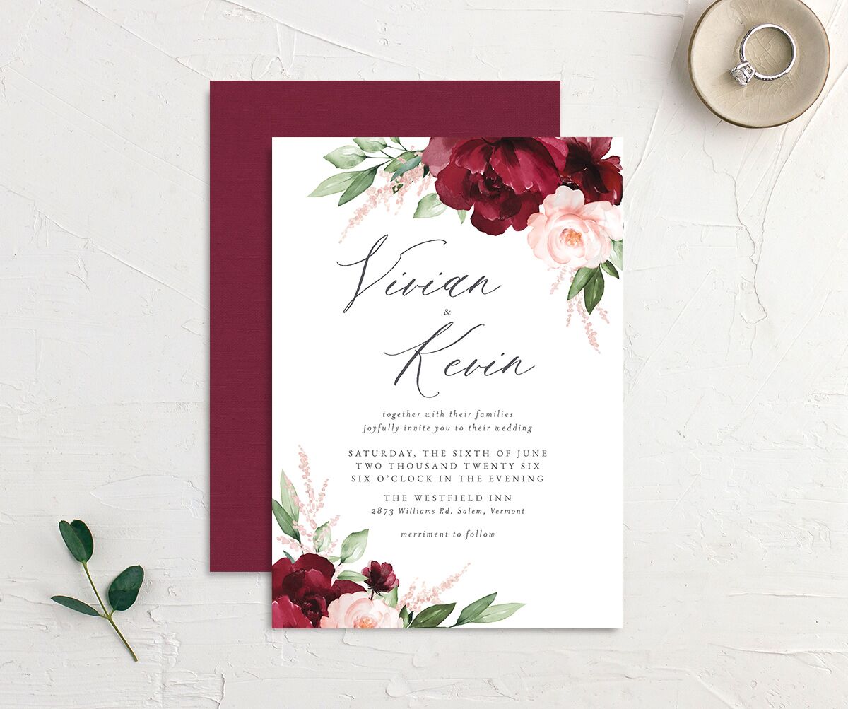 Painted Florals Wedding Invitations front-and-back in Ruby