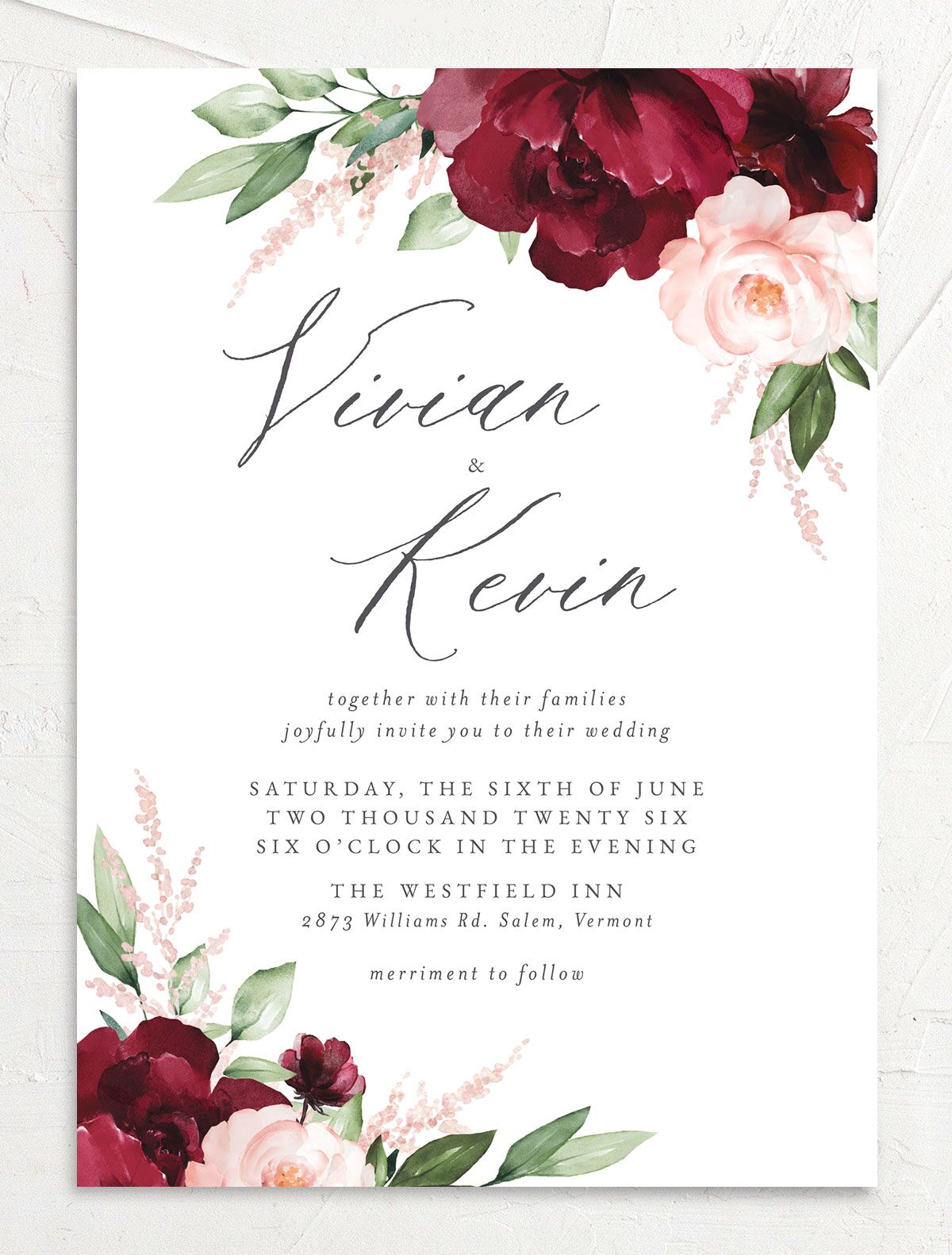 Painted Florals Wedding Invitations front in Ruby
