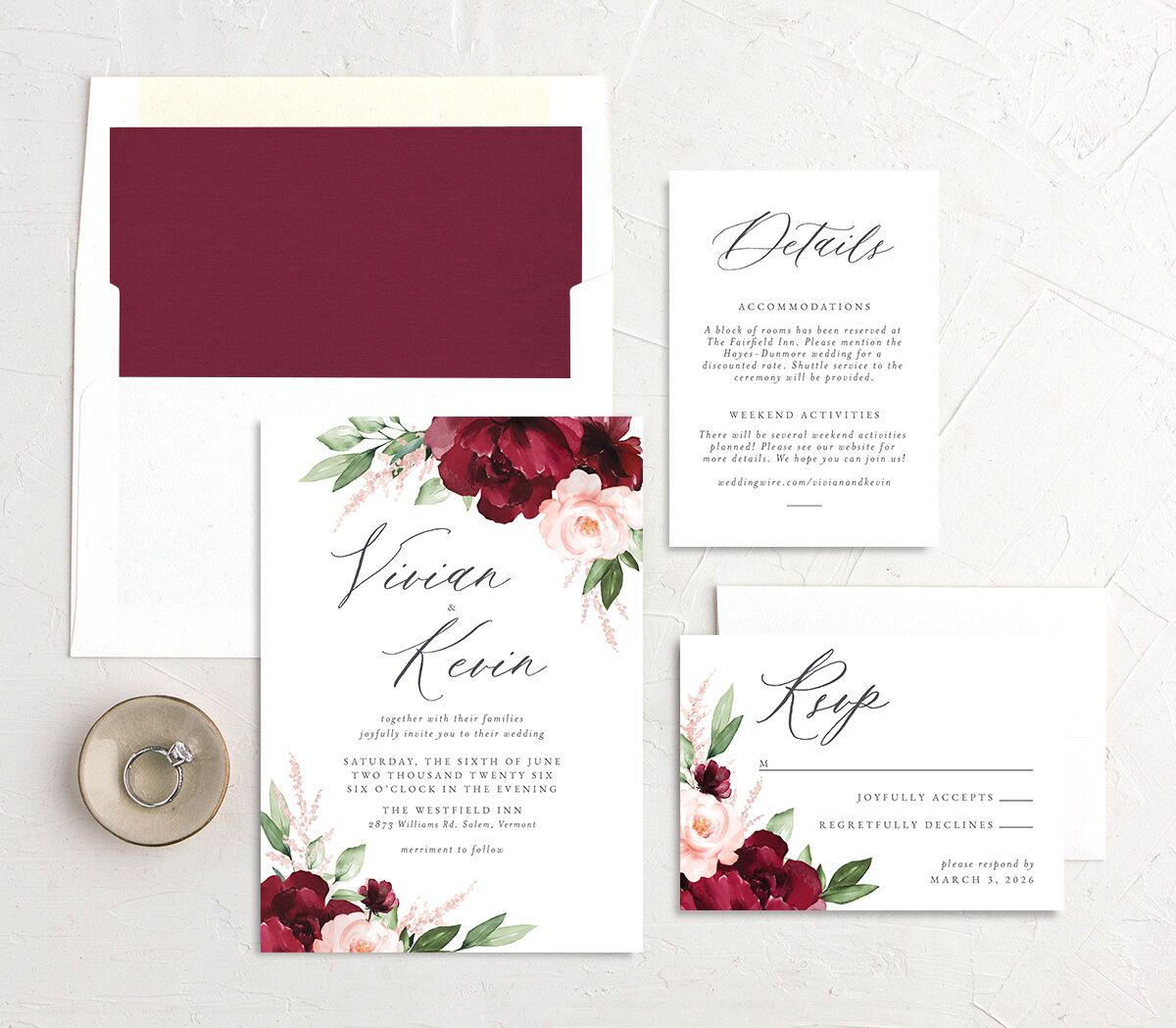 Painted Florals Wedding Invitations suite in Ruby