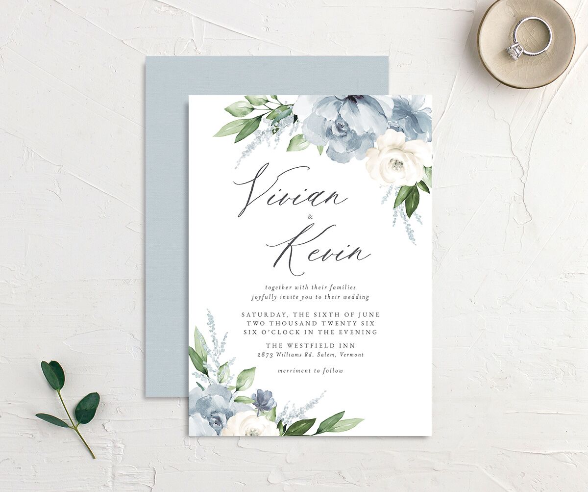 Painted Florals Wedding Invitations front-and-back in Turquoise