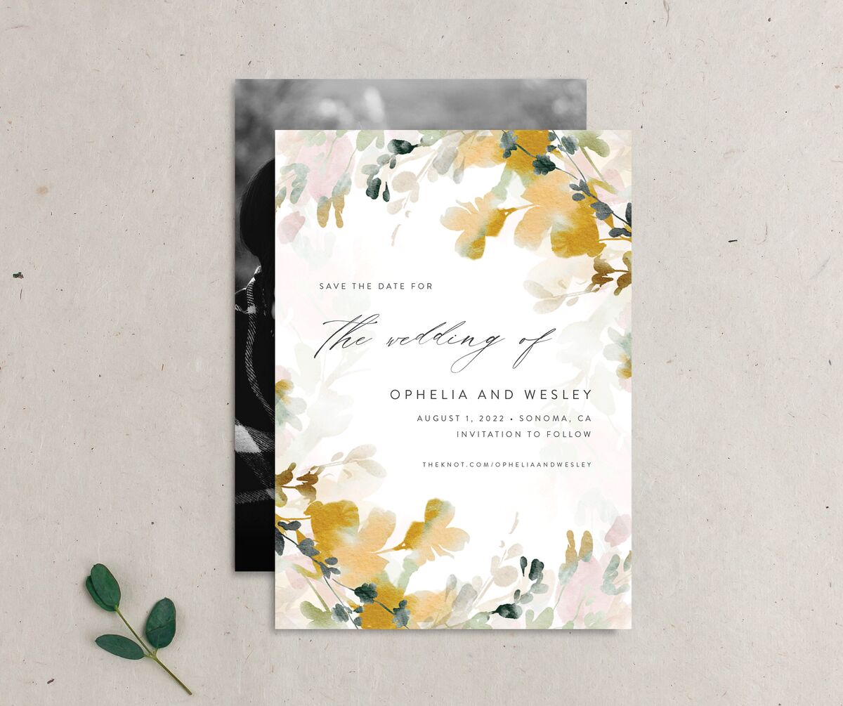 Graceful Floral Save the Date Cards front-and-back in Dijon
