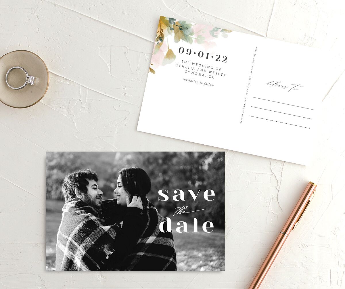 Graceful Floral Save the Date Postcards front-and-back in Dijon