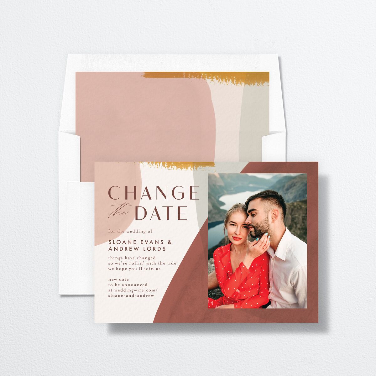 Contemporary Brushstroke Change the Date Cards envelope-and-liner in Dijon
