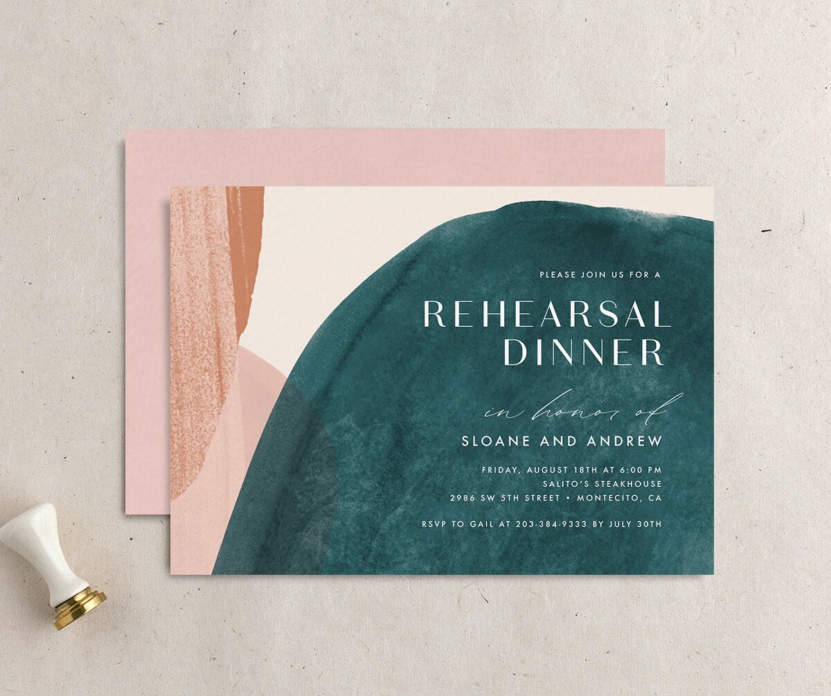 Contemporary Brushstroke Rehearsal Dinner Invitations front-and-back in Turquoise