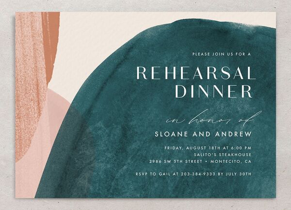 Contemporary Brushstroke Rehearsal Dinner Invitations front in Turquoise