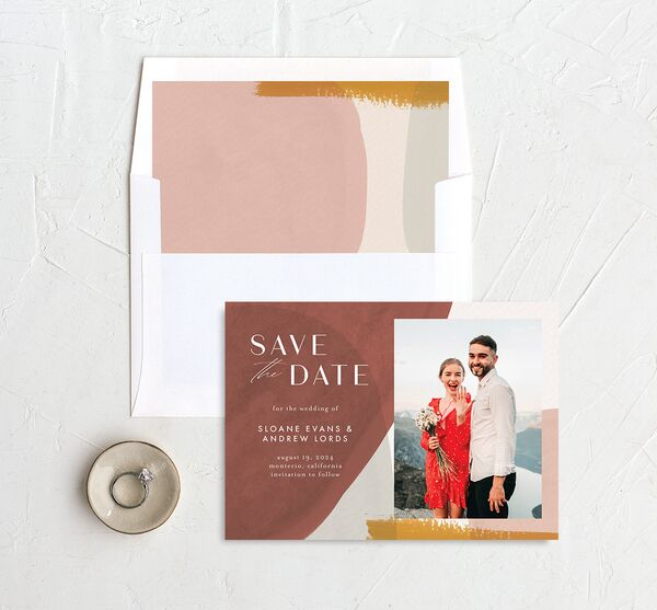 Contemporary Brushstroke Save the Date Cards envelope-and-liner in Dijon