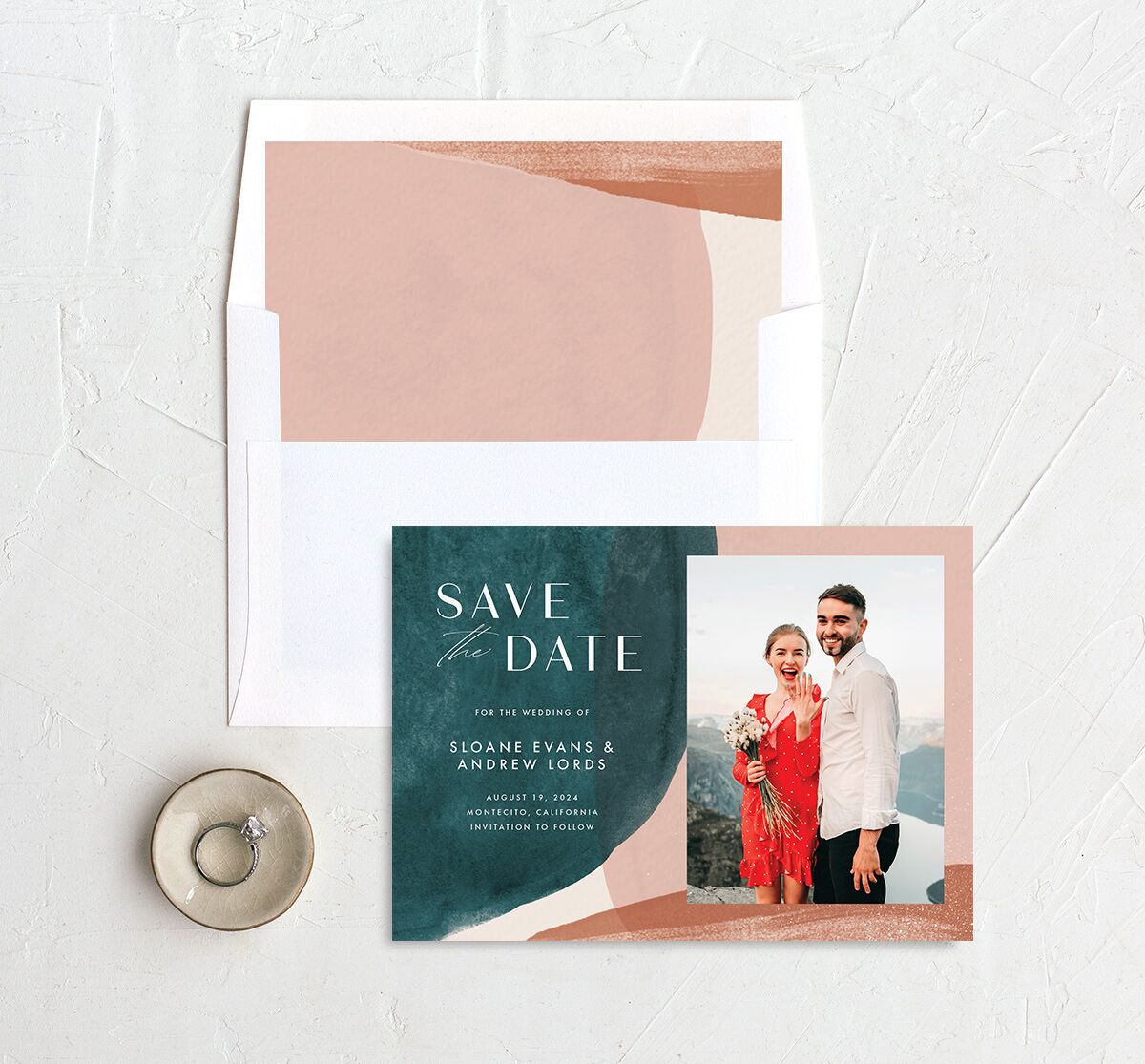 Contemporary Brushstroke Save the Date Cards envelope-and-liner in Teal