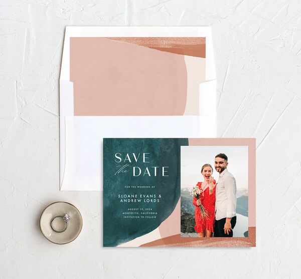 Contemporary Brushstroke Save the Date Cards envelope-and-liner in Teal