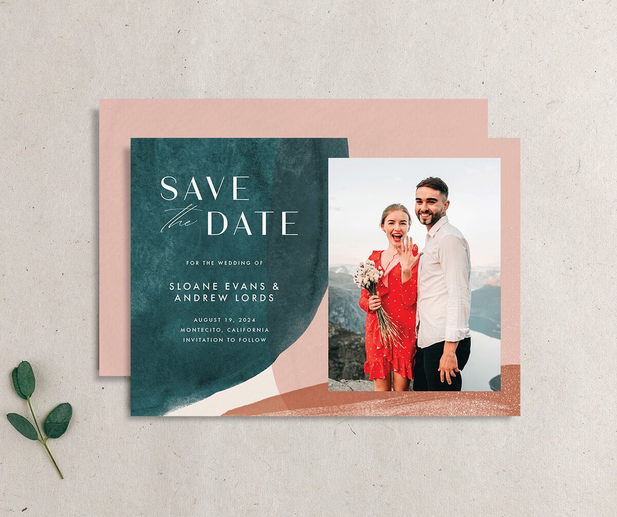 Contemporary Brushstroke Save the Date Cards front-and-back in Teal