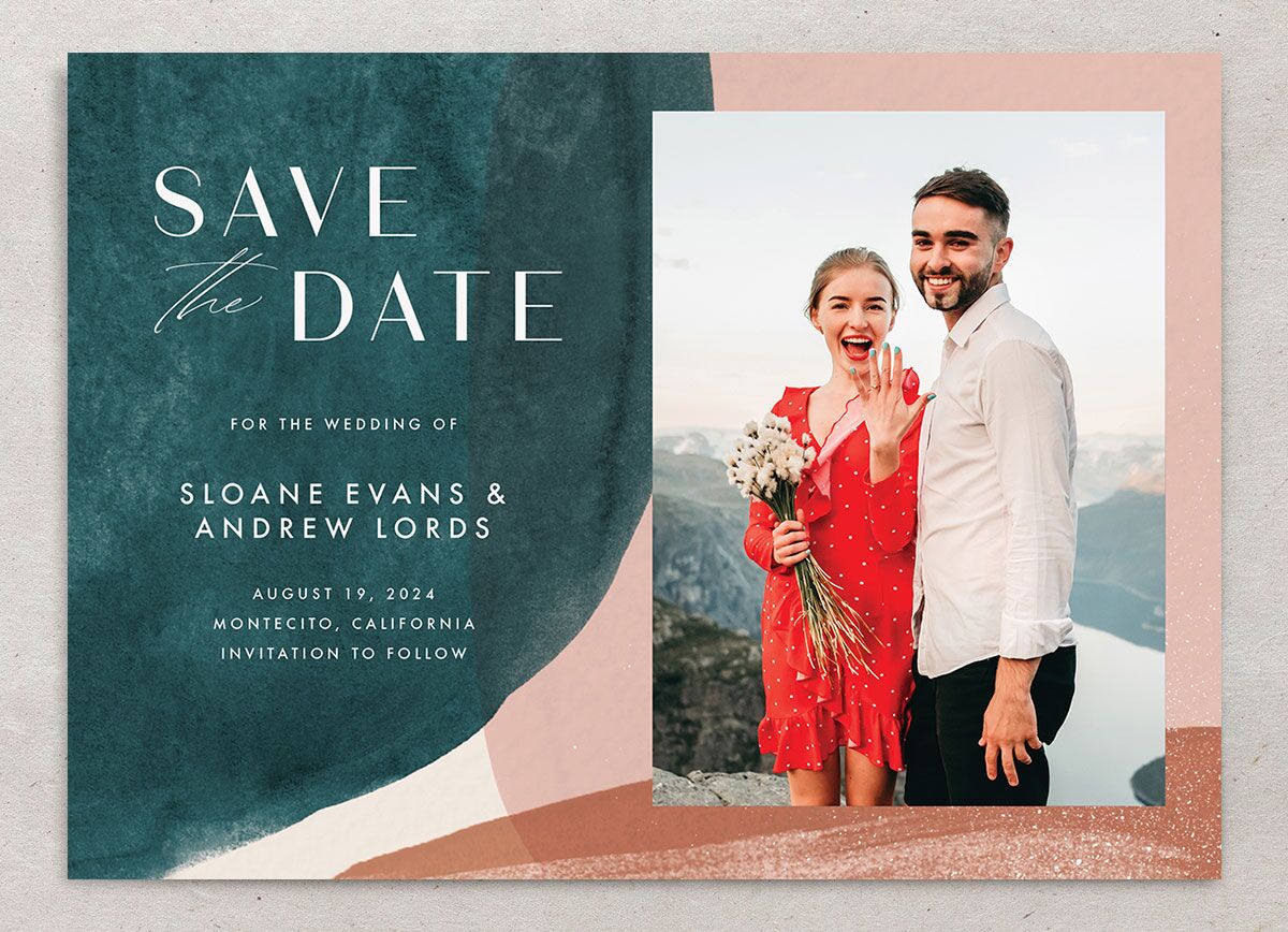 Contemporary Brushstroke Save the Date Cards front in Teal