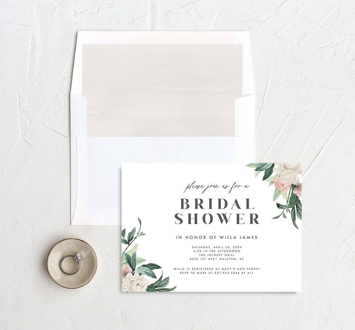 Elegant Peony Bridal Shower Invitations envelope-and-liner in White