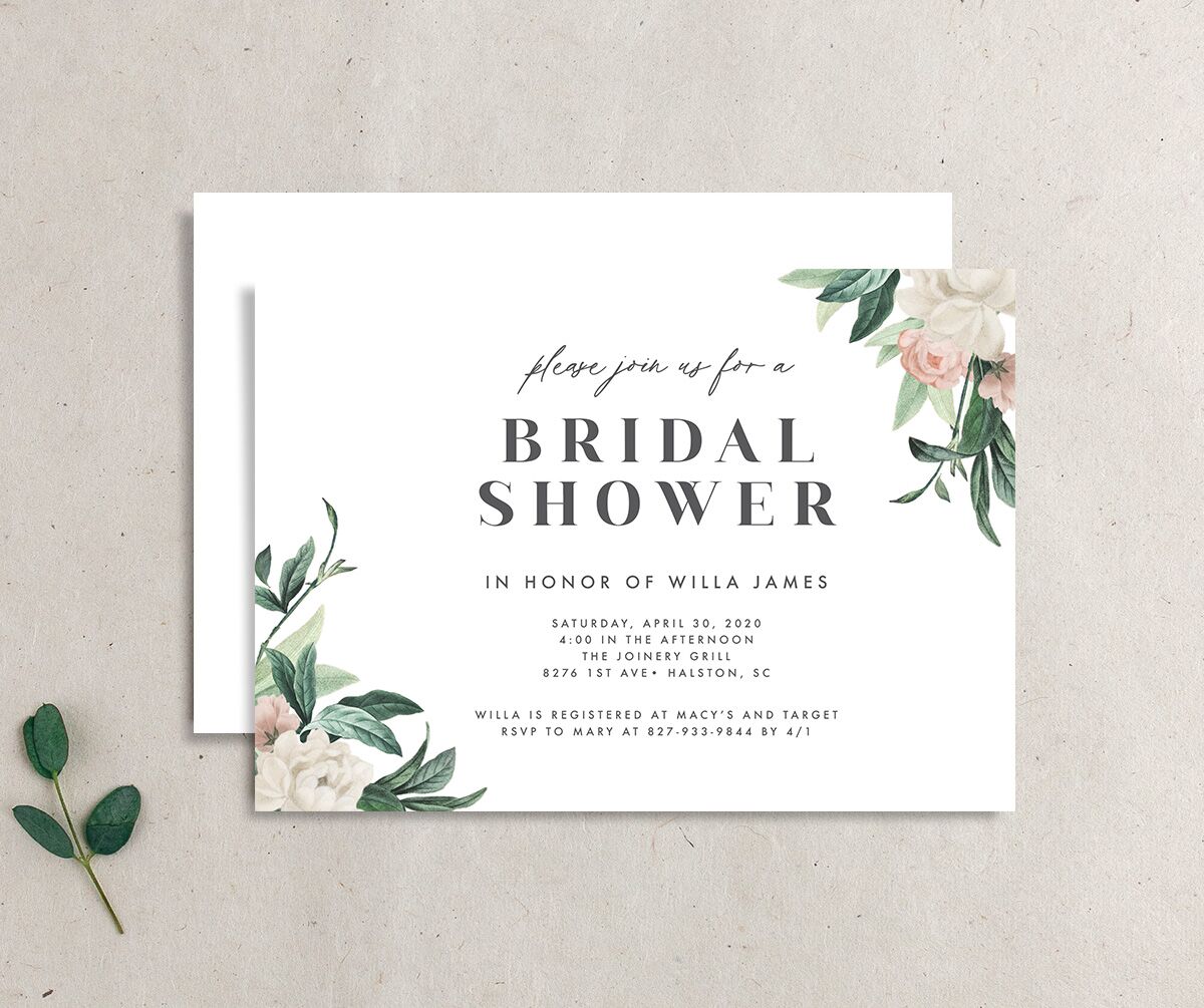 Elegant Peony Bridal Shower Invitations front-and-back in Pure White