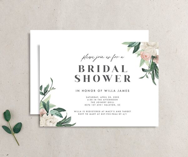 Elegant Peony Bridal Shower Invitations front-and-back in Pure White