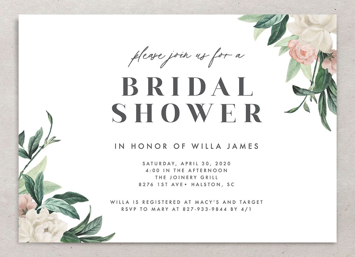 Elegant Peony Bridal Shower Invitations front in Pure White