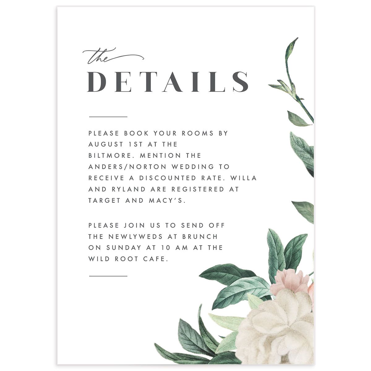 Elegant Peony Wedding Enclosure Cards front in Pure White