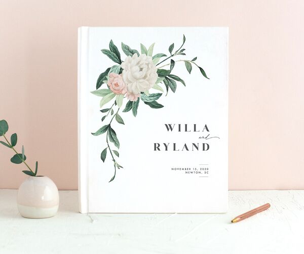 Elegant Peony Wedding Guest Book front in Pure White