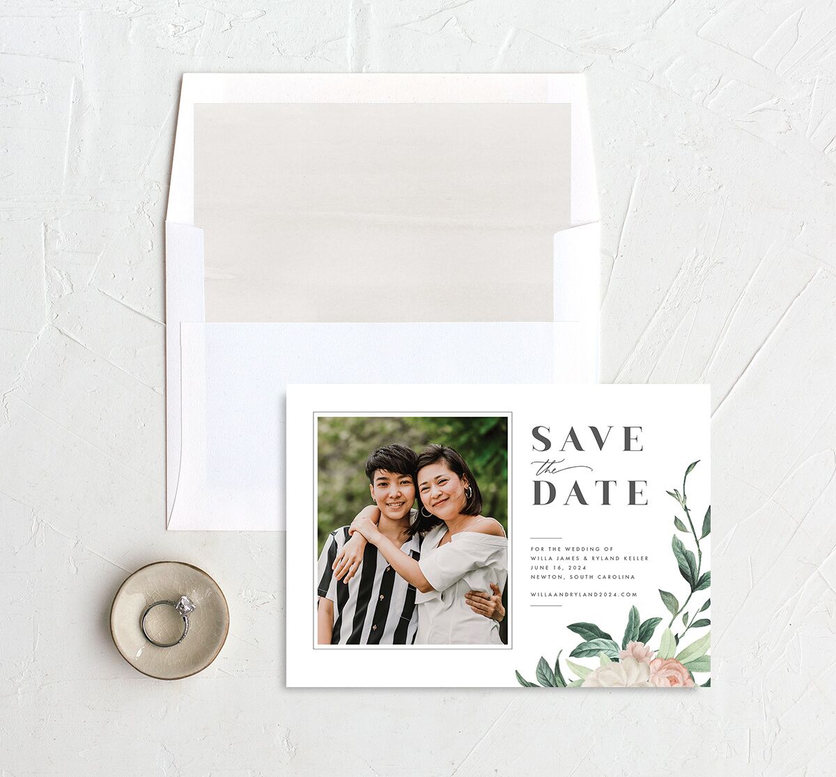 Elegant Peony Save the Date Cards envelope-and-liner in Pure White