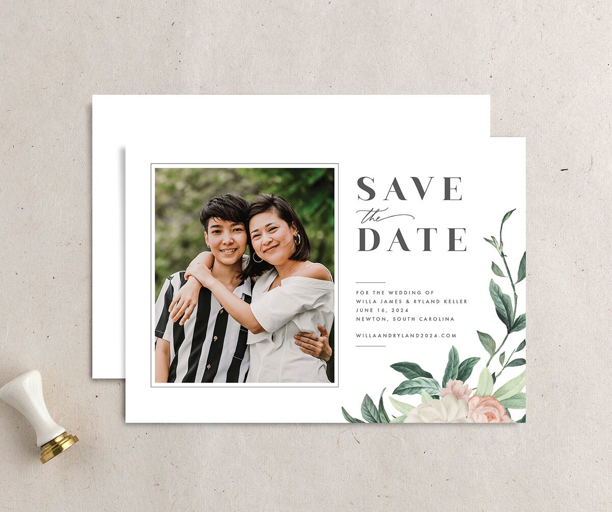 Elegant Peony Save the Date Cards front-and-back in Pure White