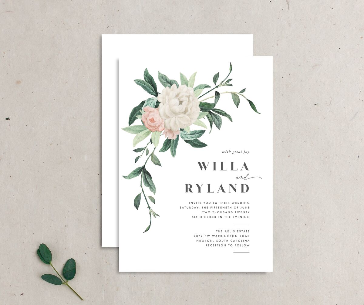 Elegant Peony Wedding Invitations front-and-back in Pure White