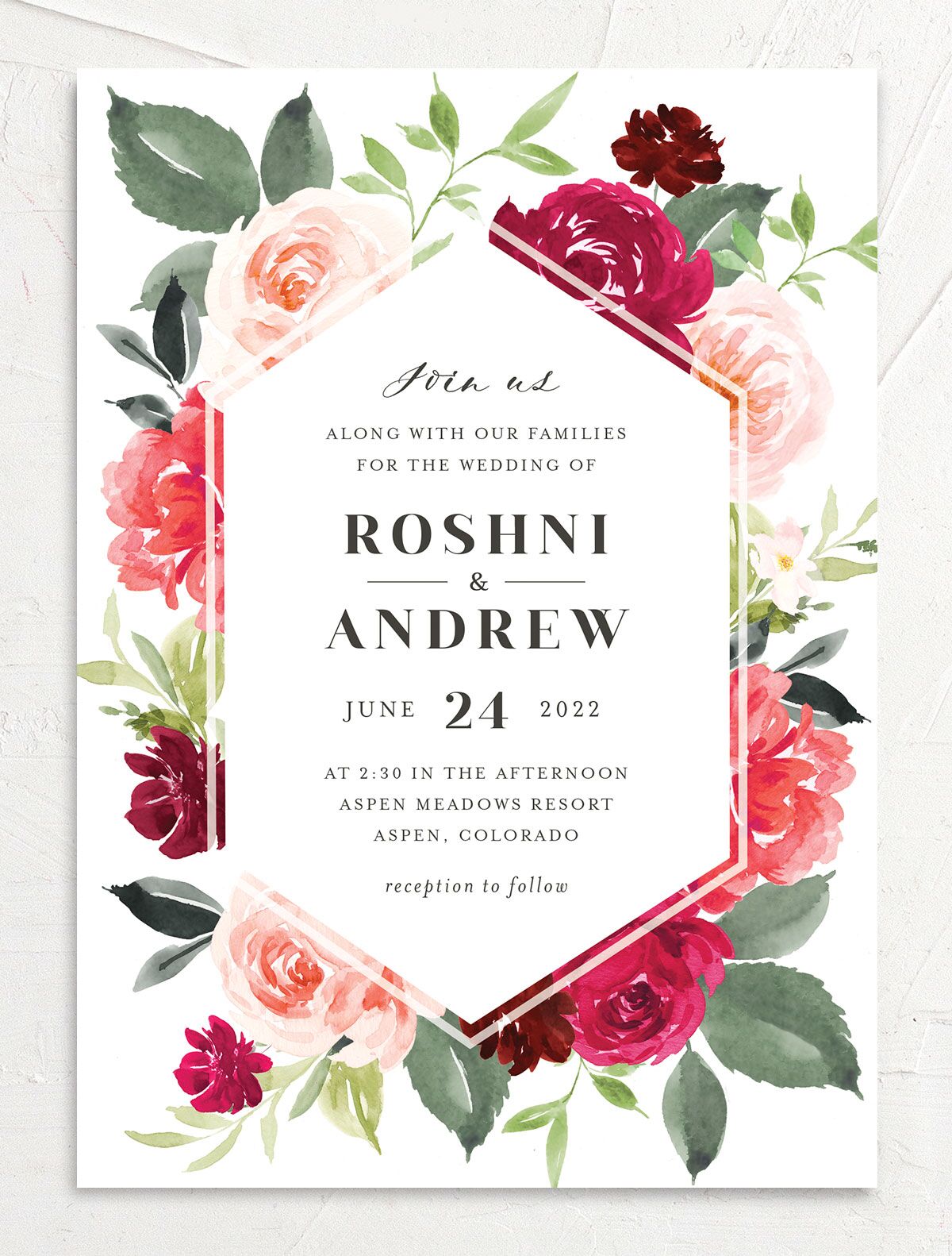 Vivid Rose Wedding Invitations front in Rose Pink