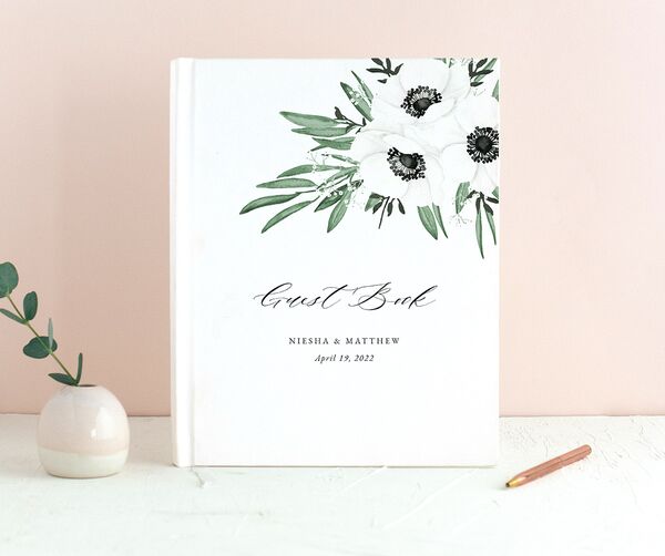 Elegant Windflower Wedding Guest Book front in Green