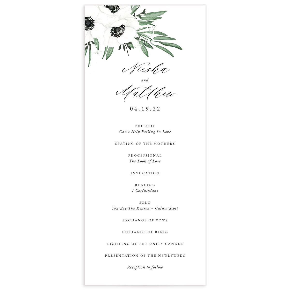 Elegant Windflower Wedding Programs front in Hunter Green