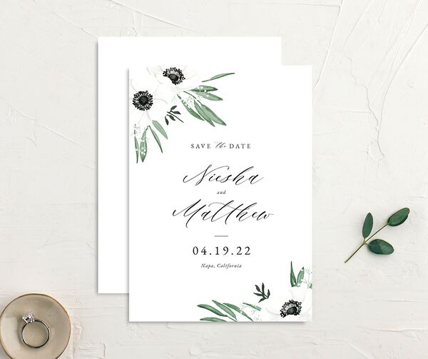 Elegant Windflower Save the Date Cards front-and-back in Hunter Green