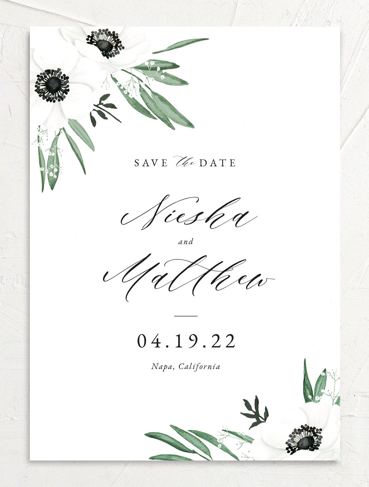 Elegant Windflower Save the Date Cards front in Hunter Green