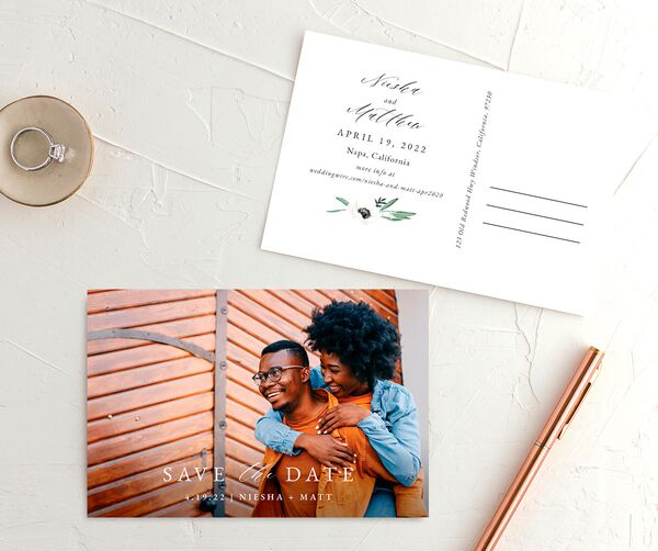 Elegant Windflower Save the Date Postcards front-and-back in Green