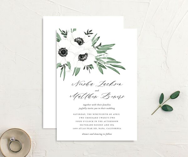 Elegant Windflower Wedding Invitations front-and-back in Green