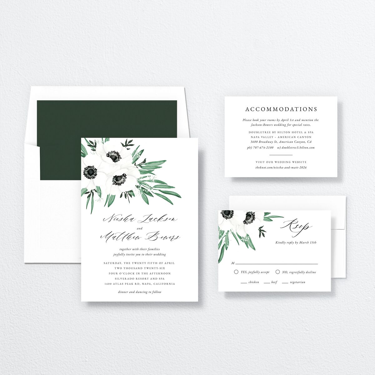Elegant Windflower Wedding Invitations suite in Green