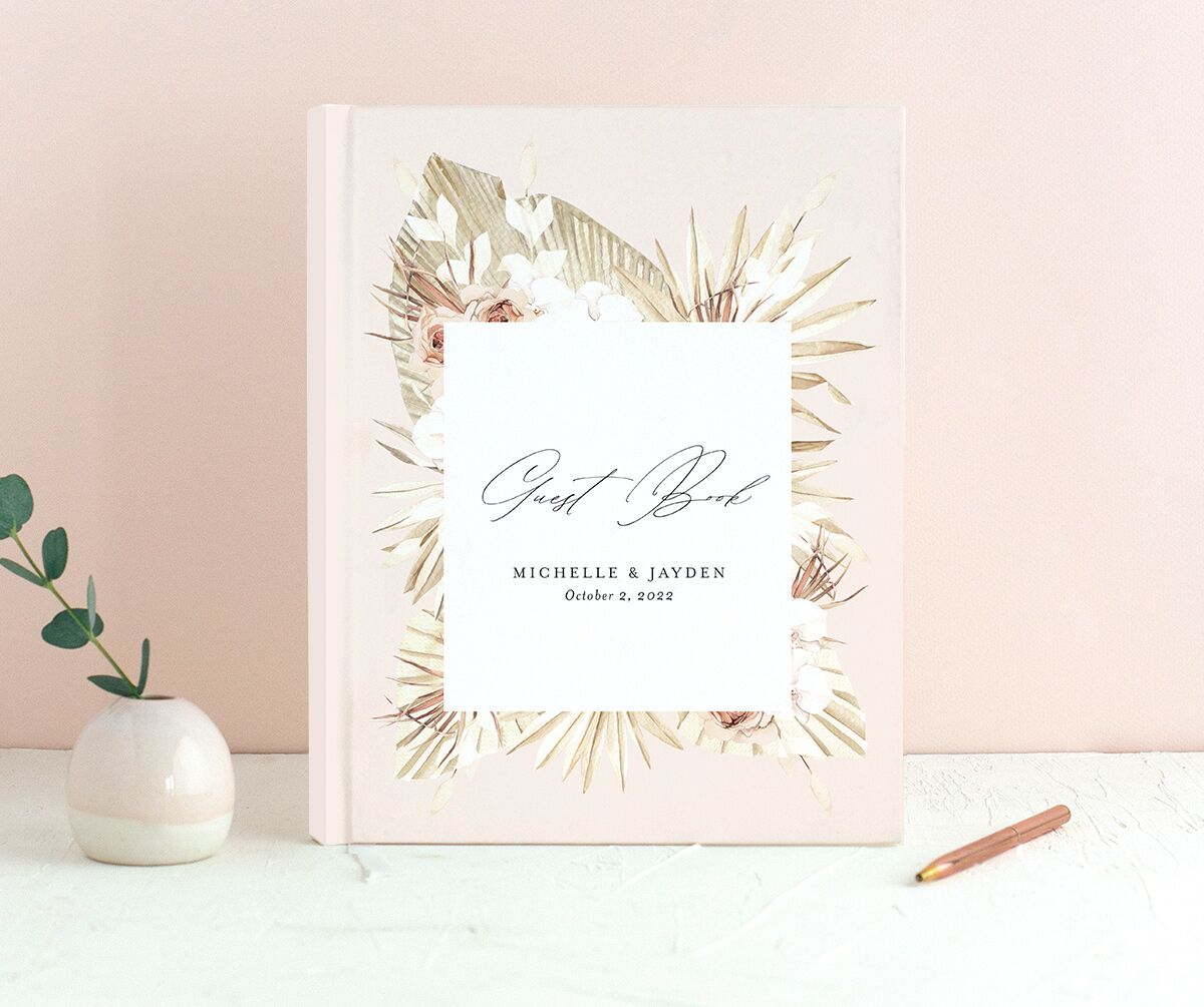 Bohemian Flowers Wedding Guest Book front in Rose Pink