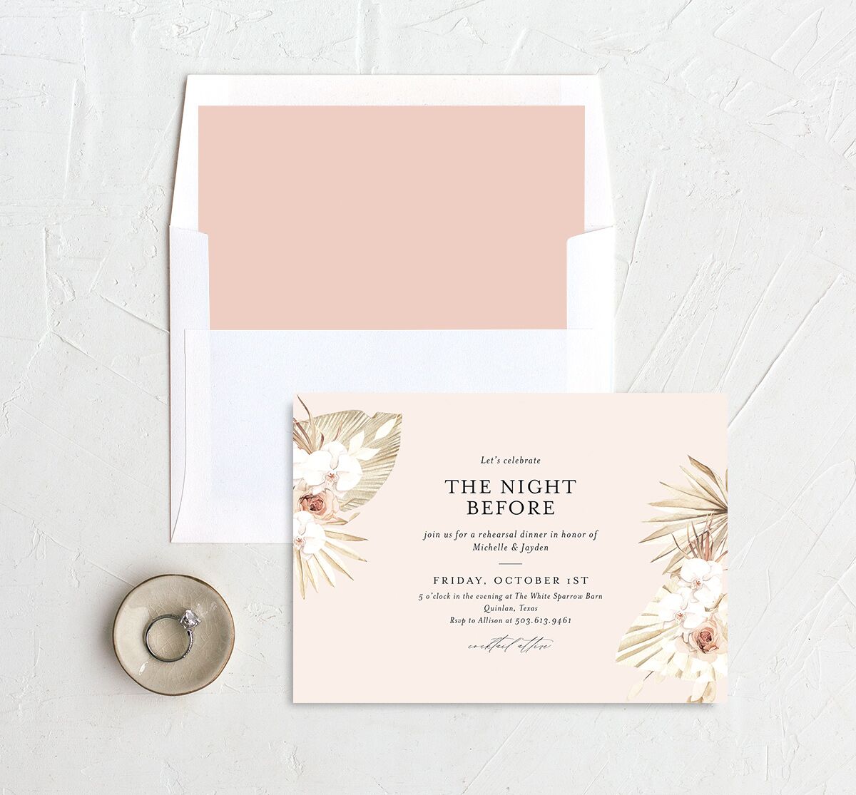 Bohemian Flowers Rehearsal Dinner Invitations envelope-and-liner in Rose Pink