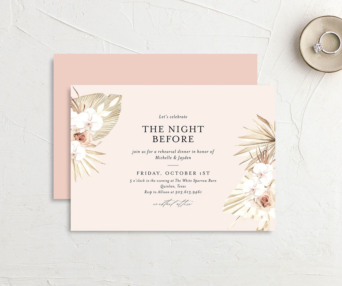 Bohemian Flowers Rehearsal Dinner Invitations front-and-back in Rose Pink