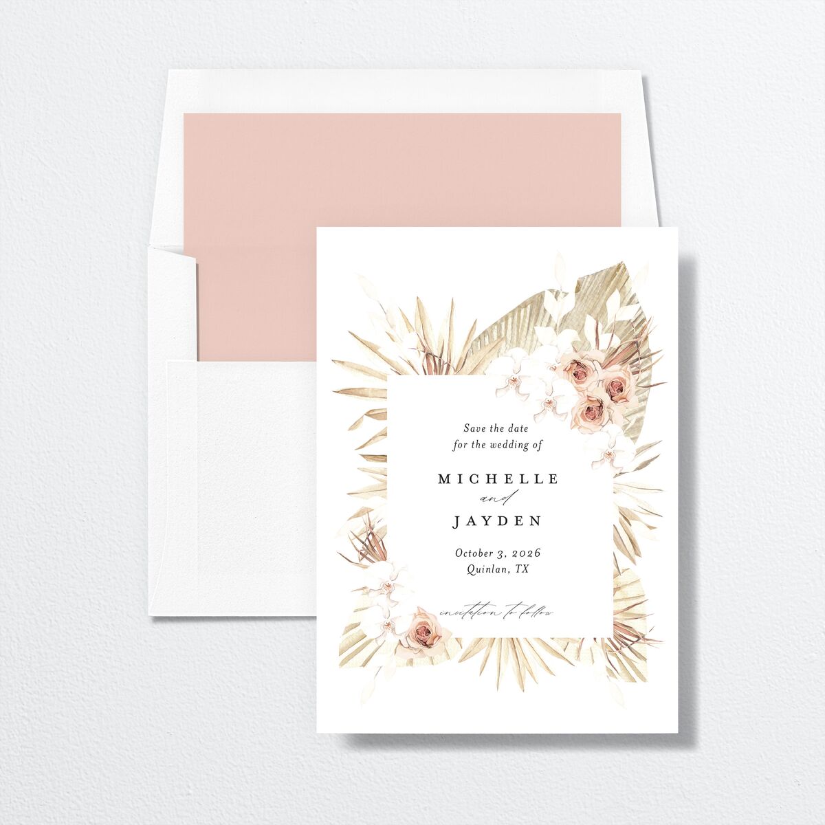 Bohemian Flowers Save the Date Cards envelope-and-liner in Rose Pink
