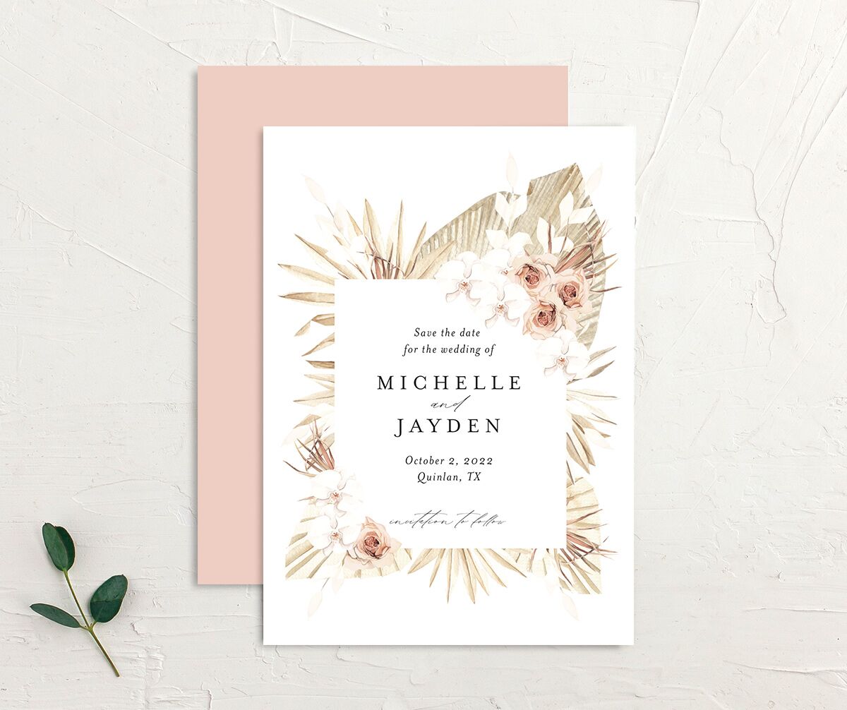 Bohemian Flowers Save the Date Cards front-and-back in Rose Pink