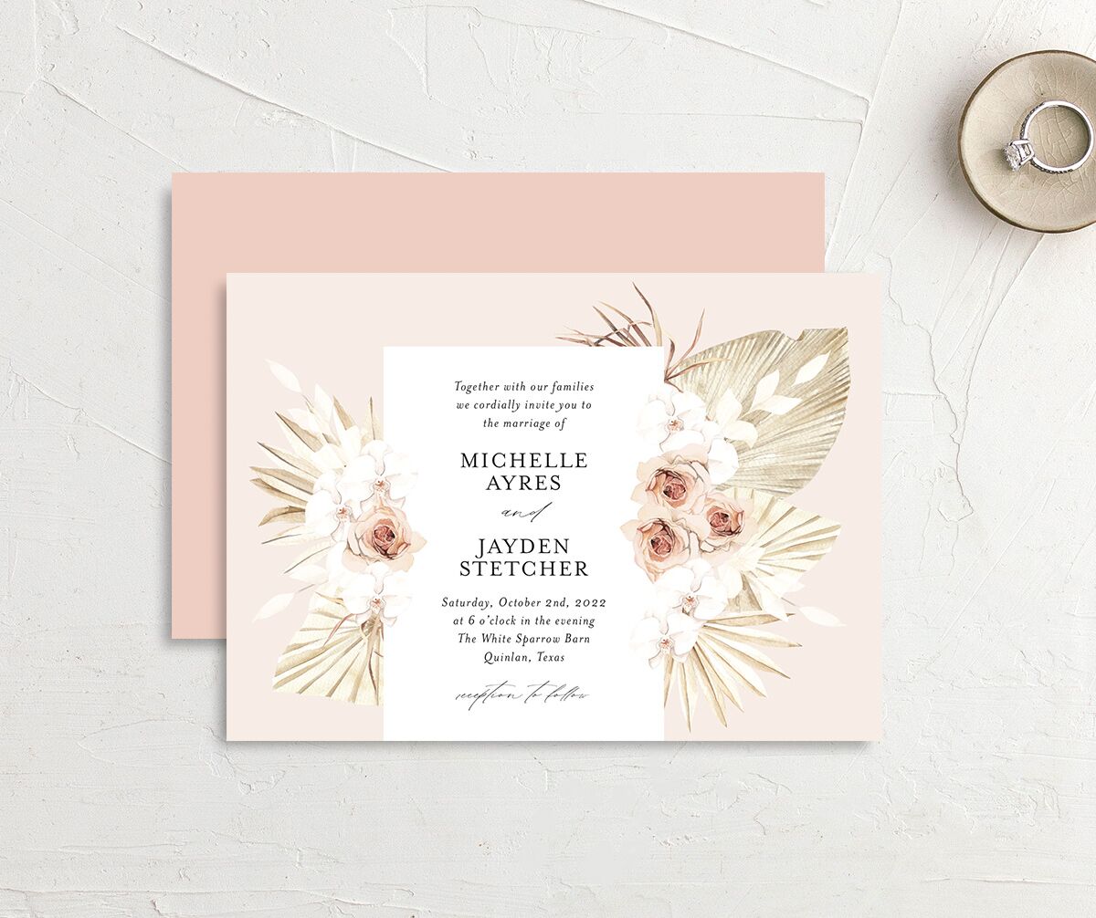 Bohemian Flowers Wedding Invitations front-and-back in Rose Pink