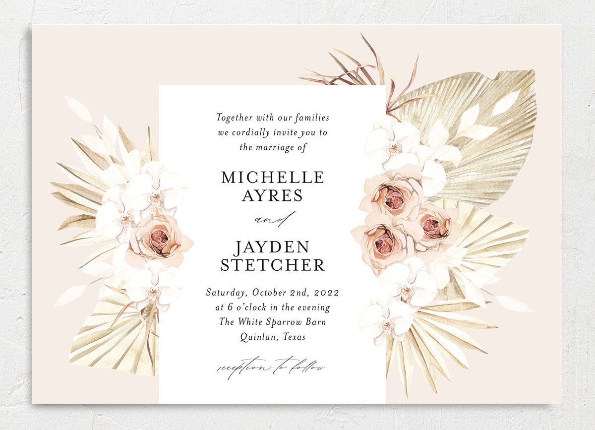Bohemian Flowers Wedding Invitations front in Rose Pink