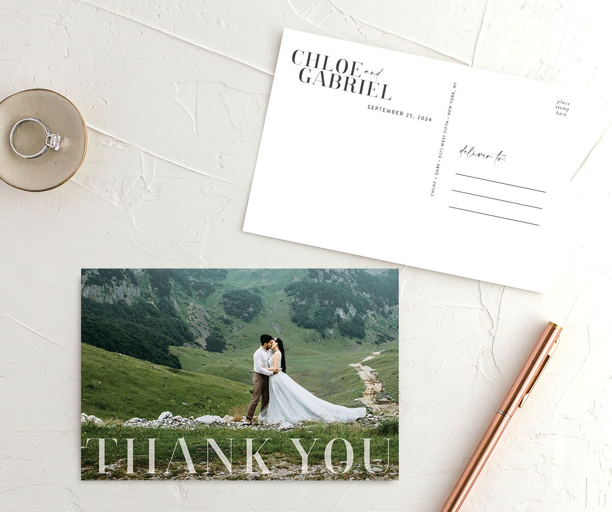Contemporary Chic Thank You Postcards front-and-back in Pure White