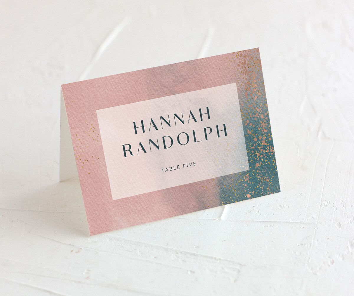 Watercolor Droplet Place Cards front in Rose Pink