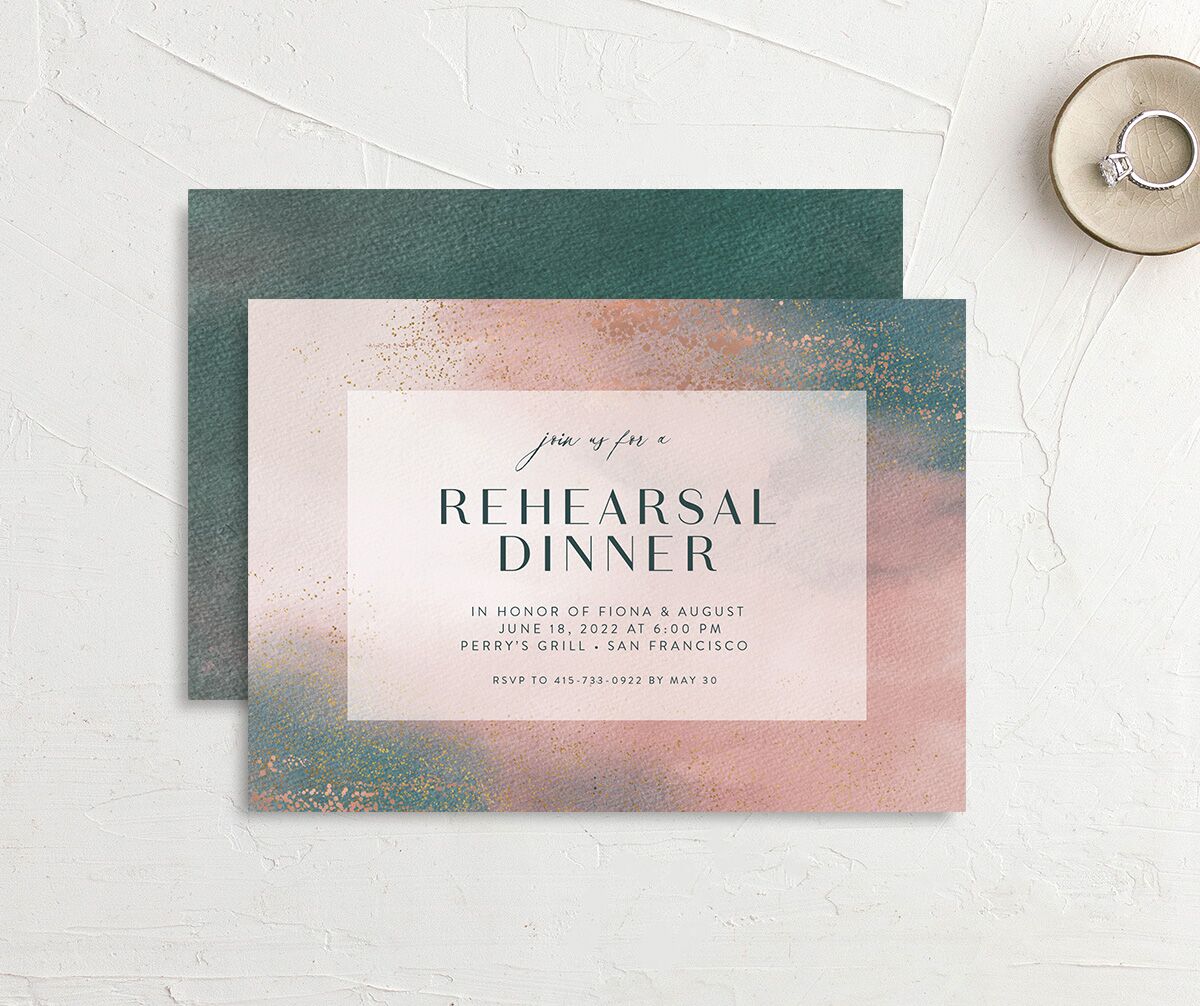Watercolor Droplet Rehearsal Dinner Invitations front-and-back in Rose Pink