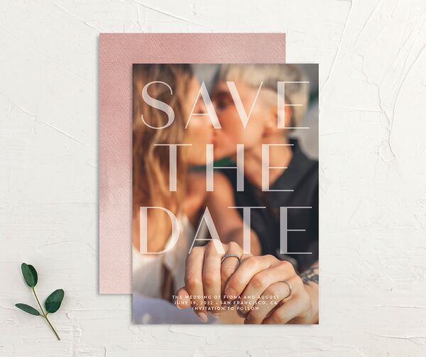 Watercolor Droplet Save the Date Cards front-and-back in Rose Pink