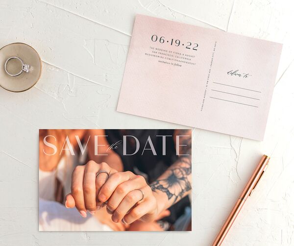 Watercolor Droplet Save the Date Postcards front-and-back in Rose Pink