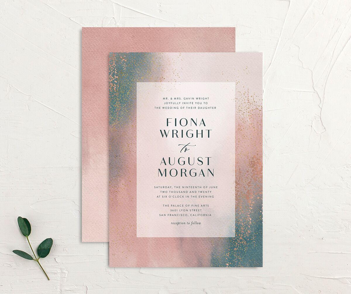 Watercolor Droplet Wedding Invitations front-and-back in Rose Pink