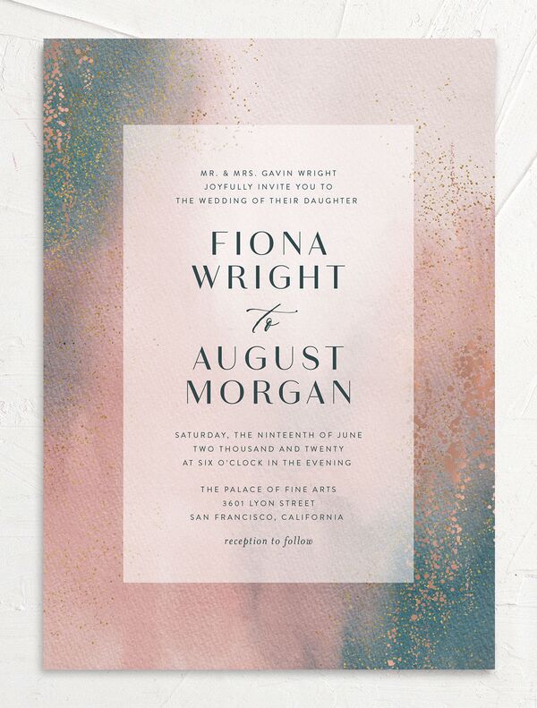 Watercolor Droplet Wedding Invitations front in Rose Pink