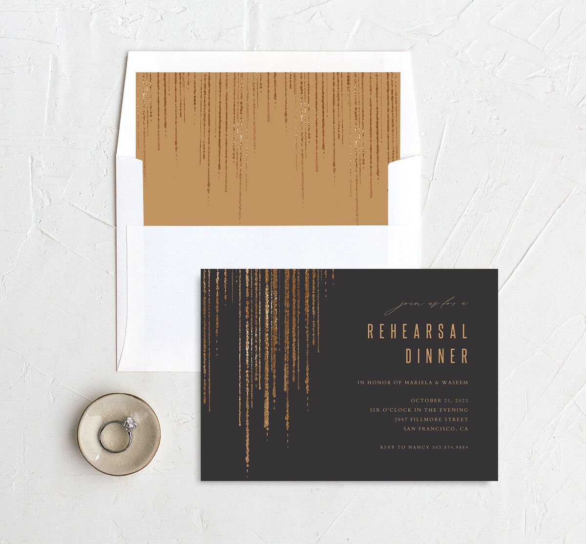 Metallic Glamour Rehearsal Dinner Invitations envelope-and-liner in Midnight