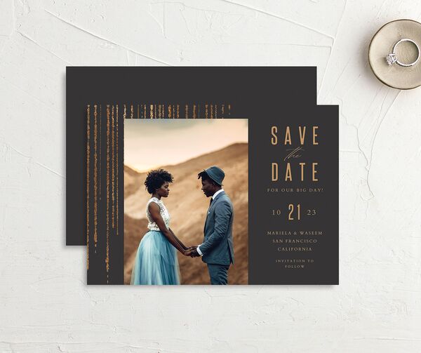 Metallic Glamour Save the Date Cards front-and-back in Midnight