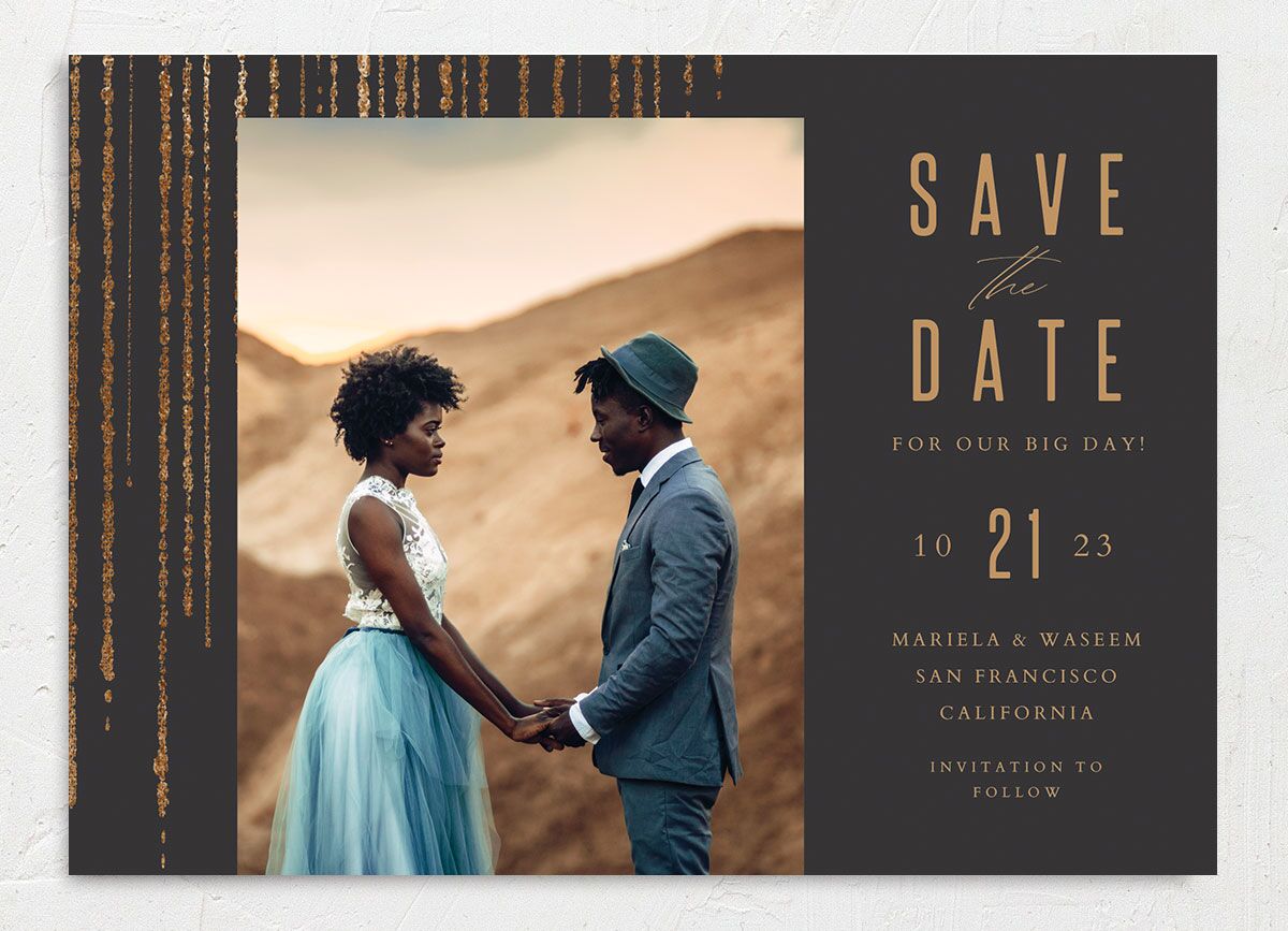 Metallic Glamour Save the Date Cards front in Midnight