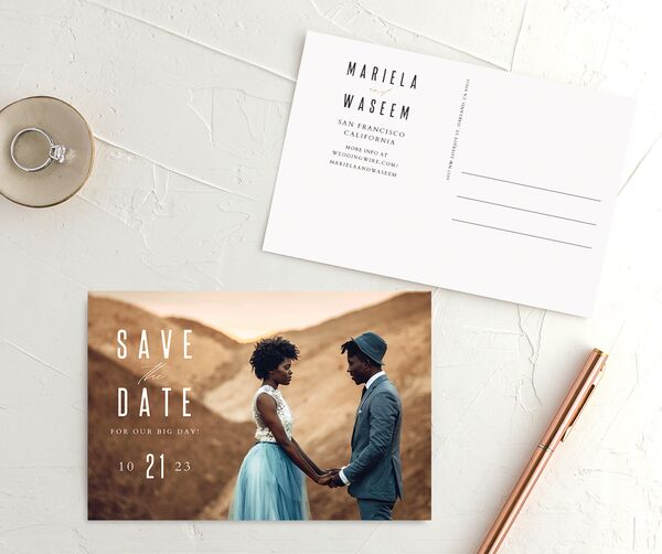 Metallic Glamour Save the Date Postcards front-and-back in Midnight